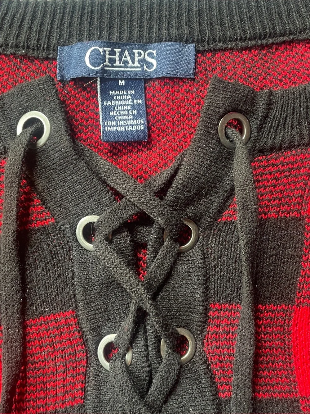 Chaps Red Black Buffalo Plaid Lace Up Knit V-Neck Sweater Size M Long Sleeve